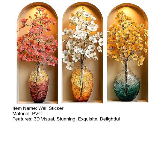 3 Pcs 3D Flower Vase Wall Sticker Vintage Faux Floral Wall Art Self-Adhesive Peel And Stick Blossom Wall Decals for Bedroom Living Room
