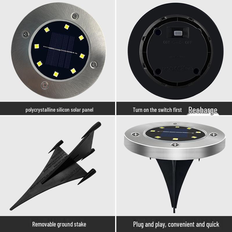 Solar Edelstahl 8-LED Bodeneinbauleuchte für Rasen- & Hofdekoration