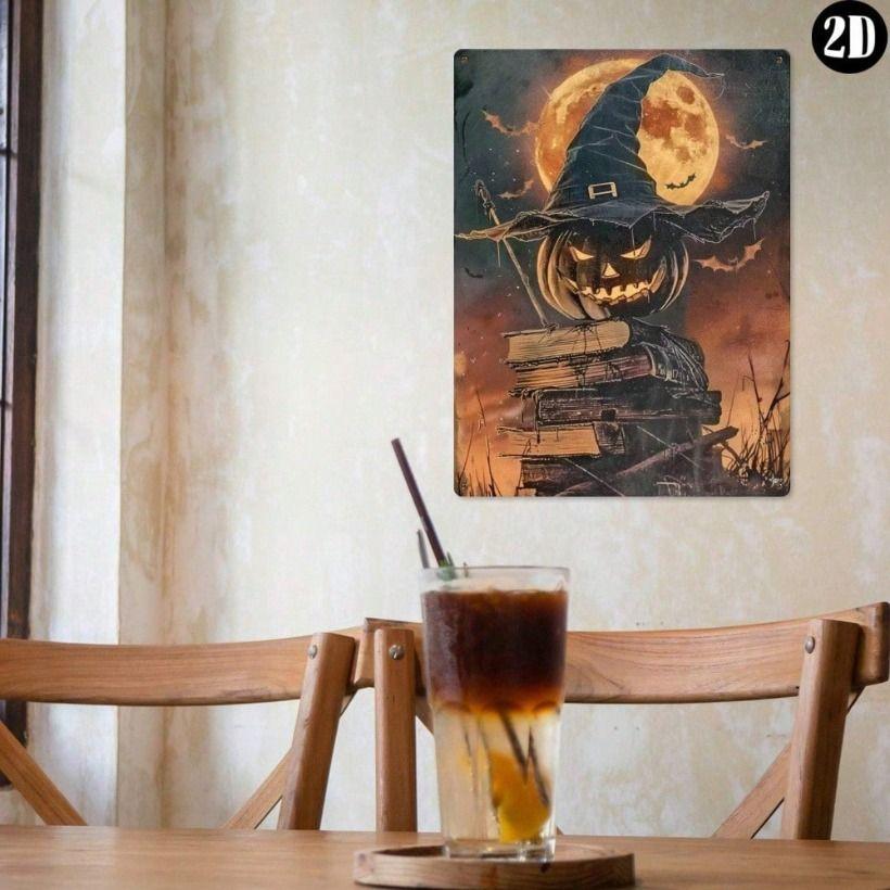 Retro Halloween Witch Hat Candles Metal Poster Wall Decor 30x20cm
