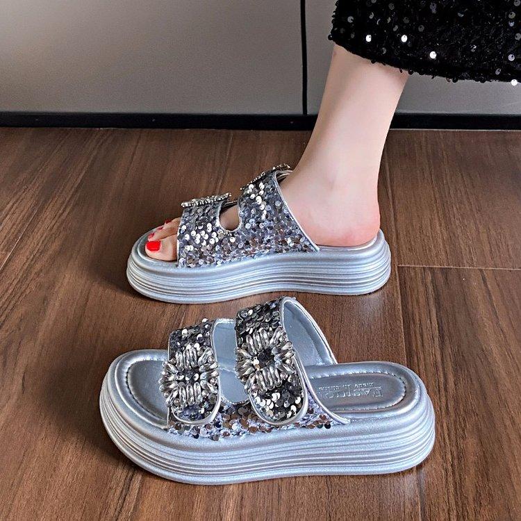 Fashion Thick Soled 2025 Summer New Casual Square Buckle Water Diamond Double Strap One Line Slipper for External Wear, Sandals