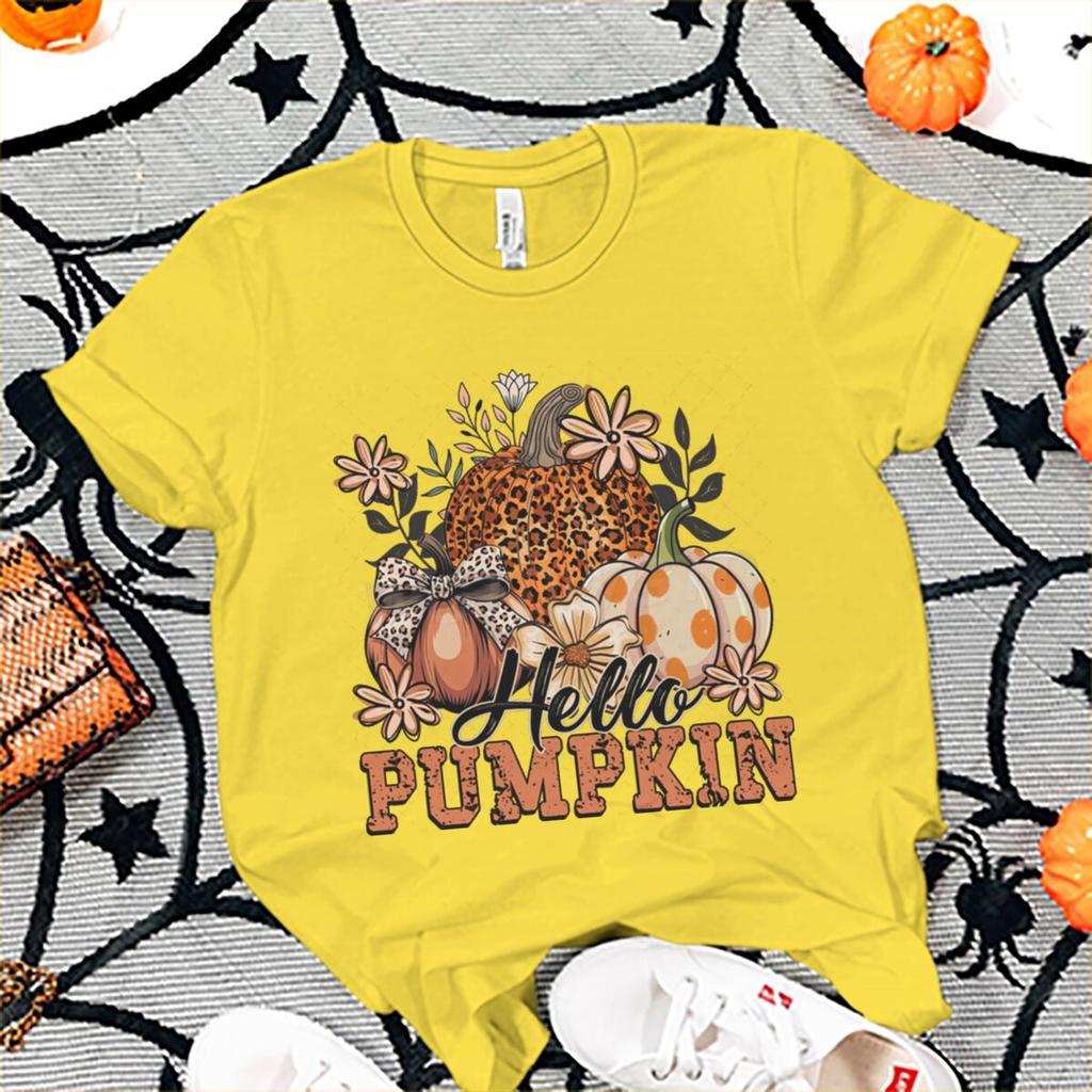 Hello Pumpkin Tshirt FeUnisex Halloween Fall Leopard Pumpkin Coquette Bow Graphic T Shirts Spooky Season Short Sleeve Tee Top
