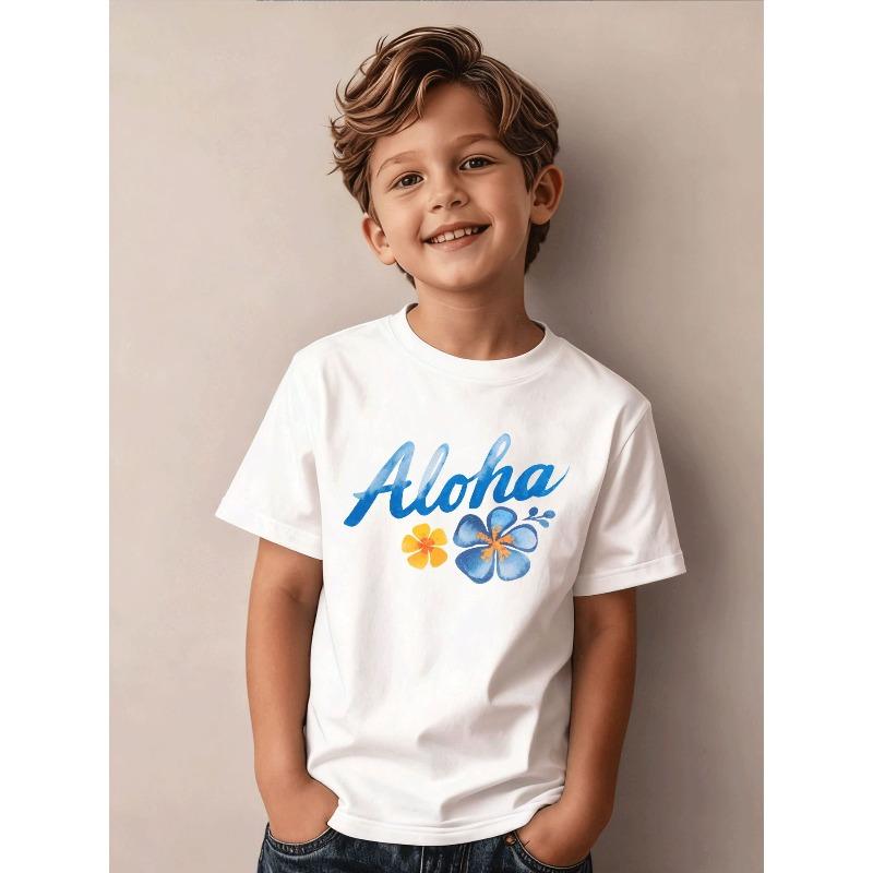 Short Sleeve Boys Clothing Summer Casual Trendy Aloha Hibiscus Flower Pattern 110 белый
