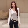 New Arrival Women's Sweet & Spicy Twisted Knot Slim Fit Color Block Stripe Two-Piece Look Long Sleeve Top