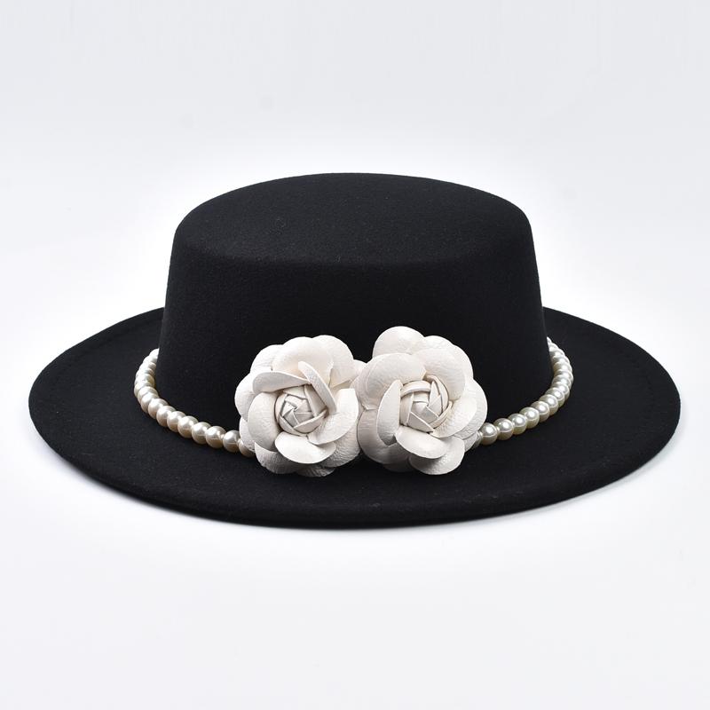 French Style Fedora Hat for Women  Winter Elegant Fashion Formal Wedding Decorate Church Cap Wide Brim Flat Top Felt Party Hat