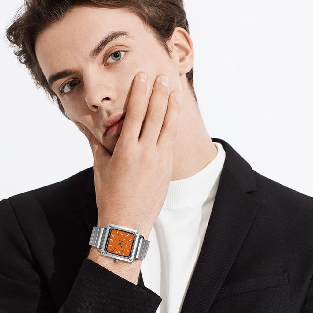 AKNIGHT Watch Popular Louvered Dial Texture Waterproof Analog Quartz Business Hand Watch Stainless Steel Day Gift Large Easy To Read Square Face Men's