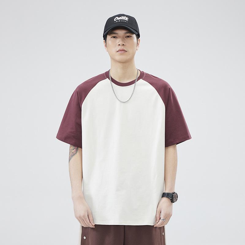 250G Men's Summer Trendy Color Block Raglan Tee - Heavyweight Pure Cotton, Loose Fit, Short Sleeve