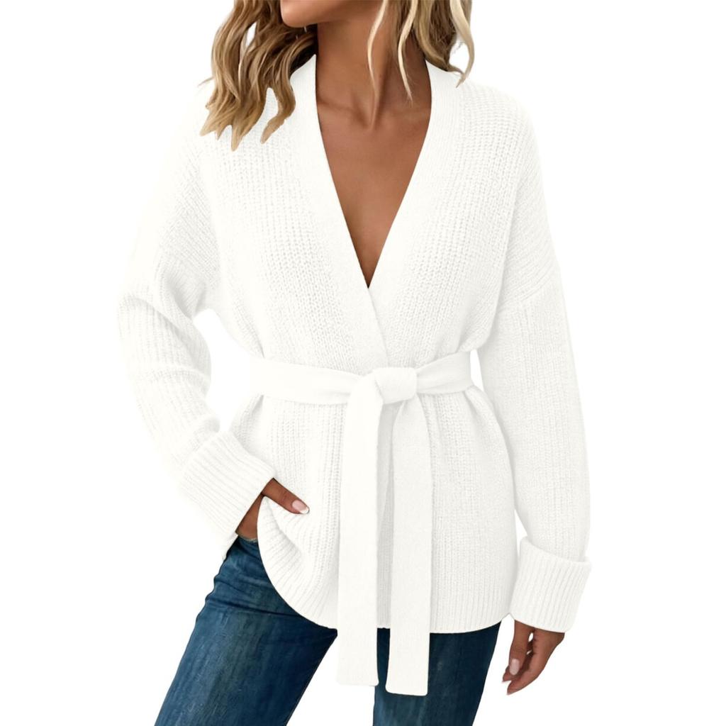 Women's Casual Knit Cardigan with Belted Waist Open Front Sweater for Everyday Wear