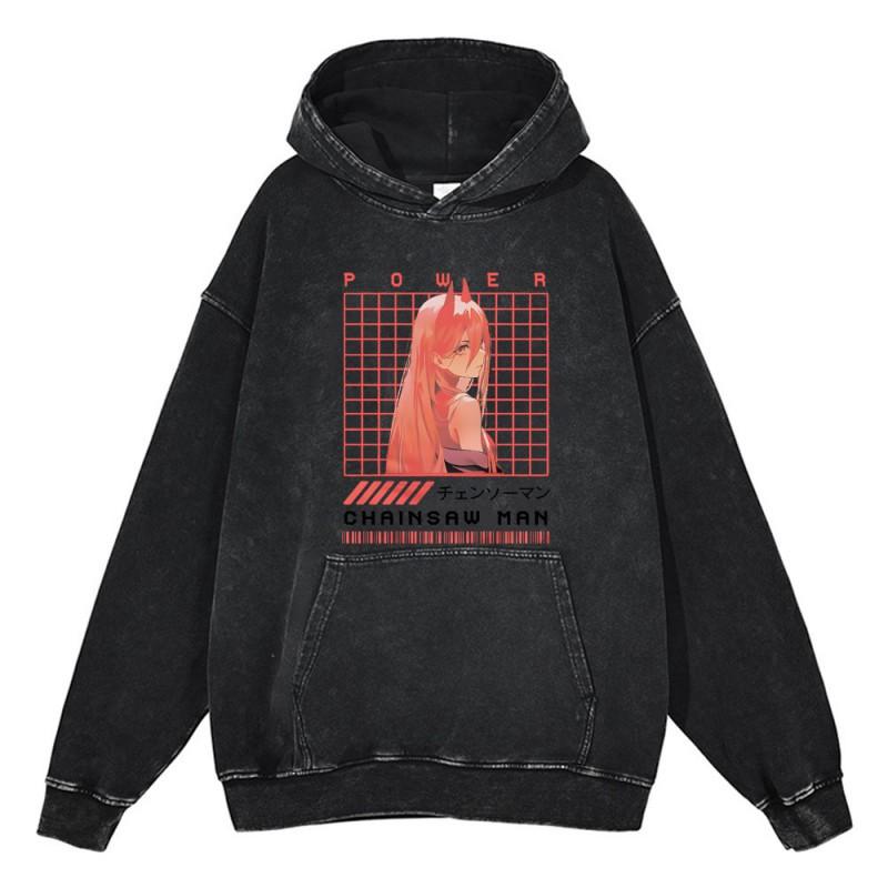 Heavyweight 440g Washed Vintage Denim-Style Anime Hoodie Men Streetwear Casual Sweatshirt