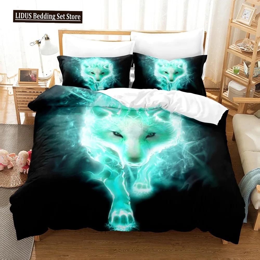 Boys Wolf Duvet Cover Set Queen Size, Boho Wolf Wildlife Animal Bedding Set Men Galaxy Dream Catcher Moon Polyester Quilt Cover