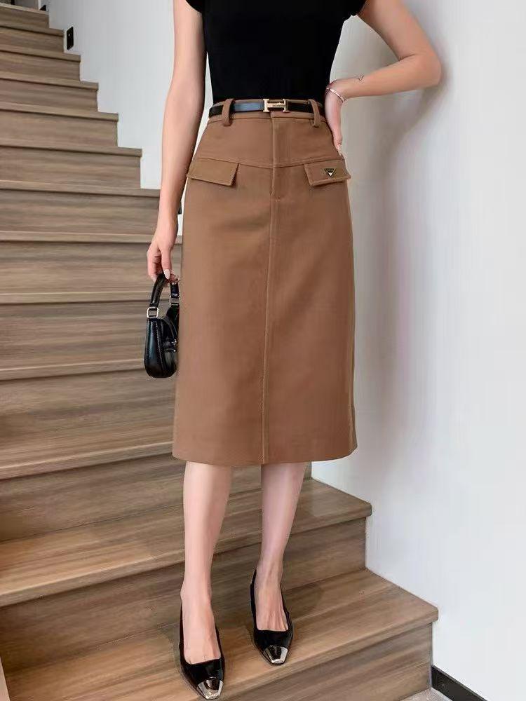 Spring 2026 Versatile High-Waisted Solid Color Midi Skirt 023 3XL (138-148 lbs) кофейный