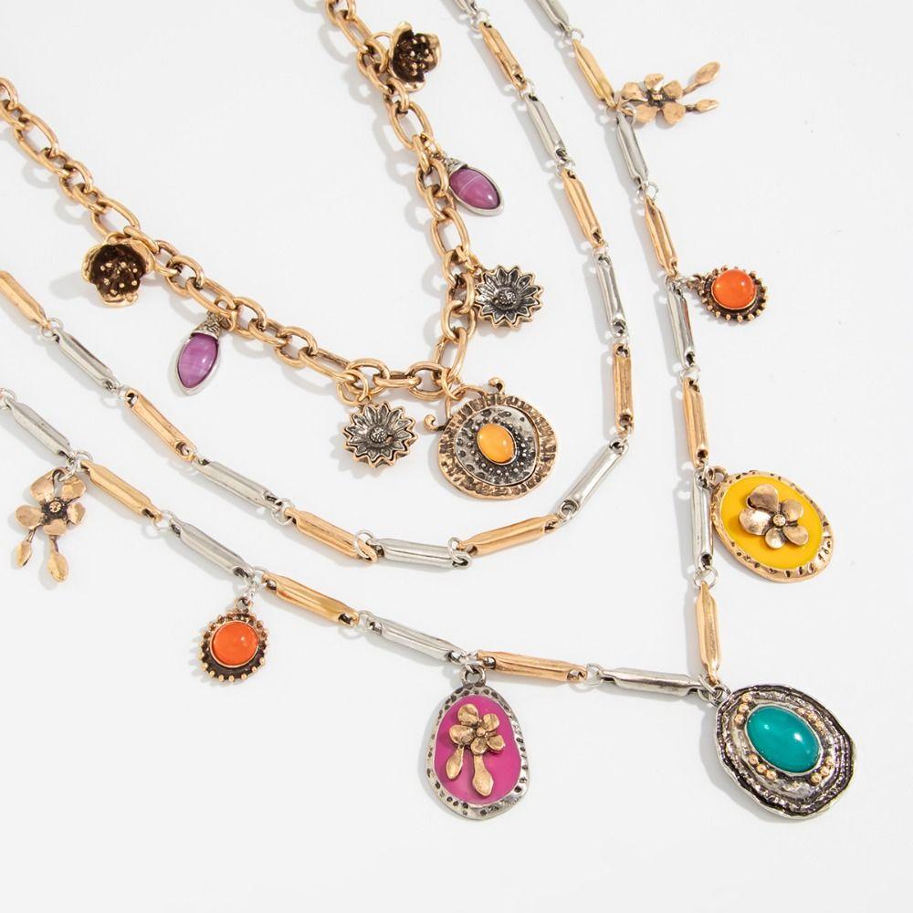 Metal Chain Heart Pendant Necklace Floral Bohemian Collarbone Chain Multi Layer Choker  Girls