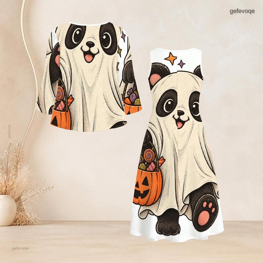 Women Plus Size Two Piece Dress Set Three Quarter Sleeve Halloween Panda Ghost Print Long Dress