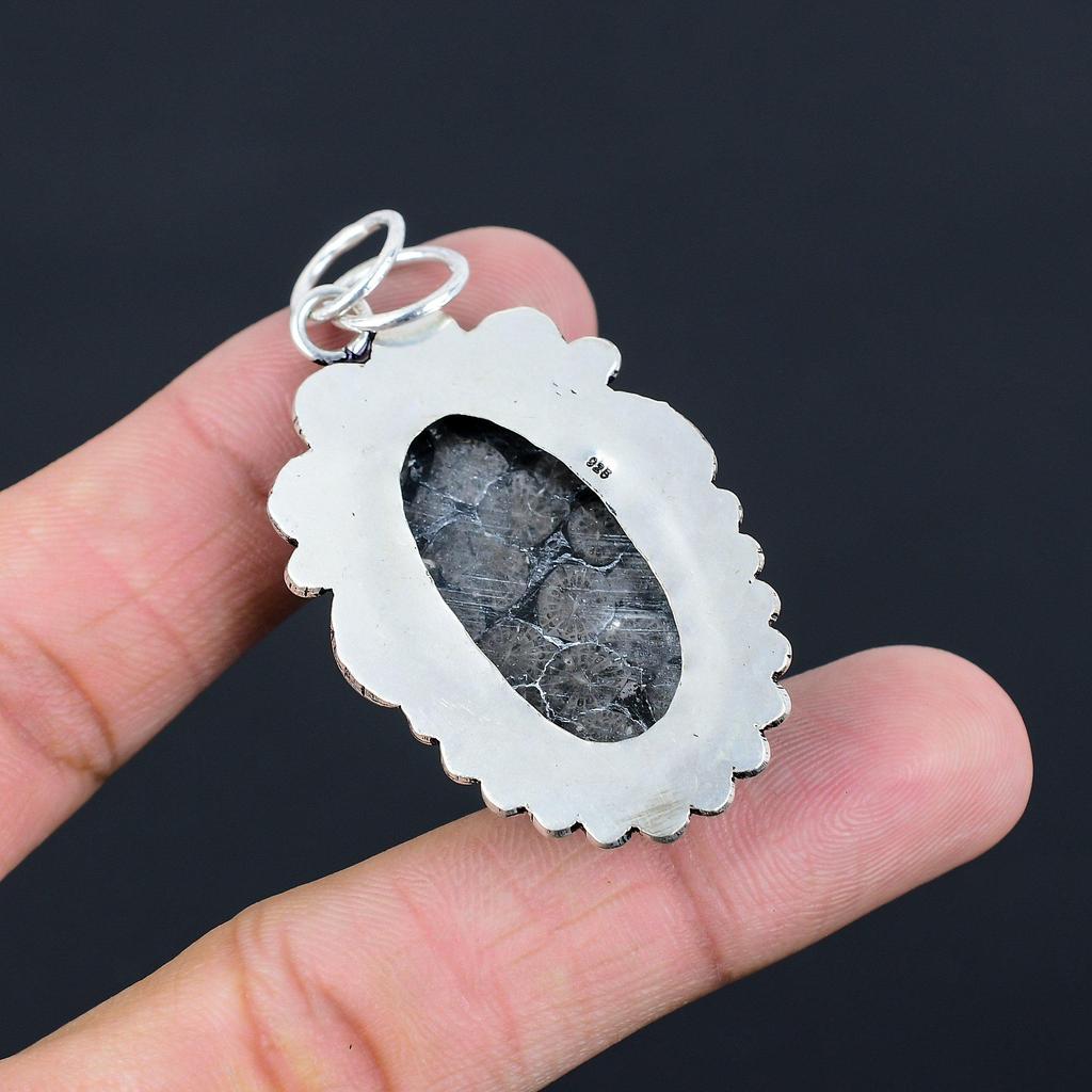 925 Silver Black Fossil Coral Stone Wedding Engagement Boho New Pendant Jewelry