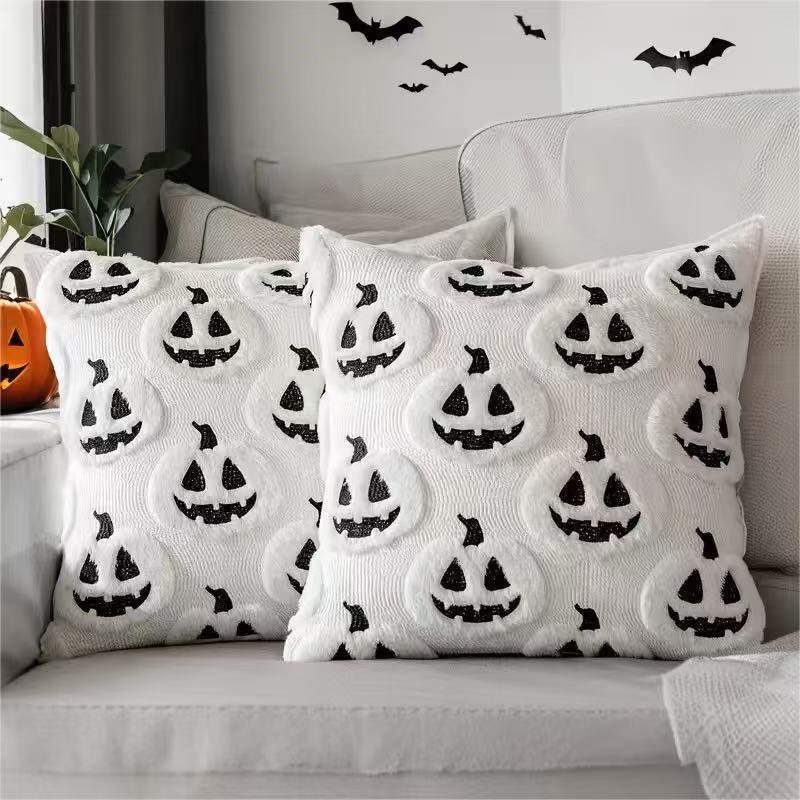45*45CM Reversible Halloween Pillow Cover - Double-Sided Pumpkin Ghost Design, Quilted Velvet Cushion Case for Sofa Party Decor