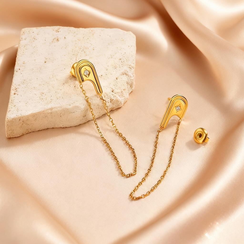 Brincos de Corrente Longa com Pingente em Forma de Alfinete Dourado Chique para Mulheres, Brincos Pendentes com Franjas em Aço Inoxidável, Joias Modernas para Uso Diário