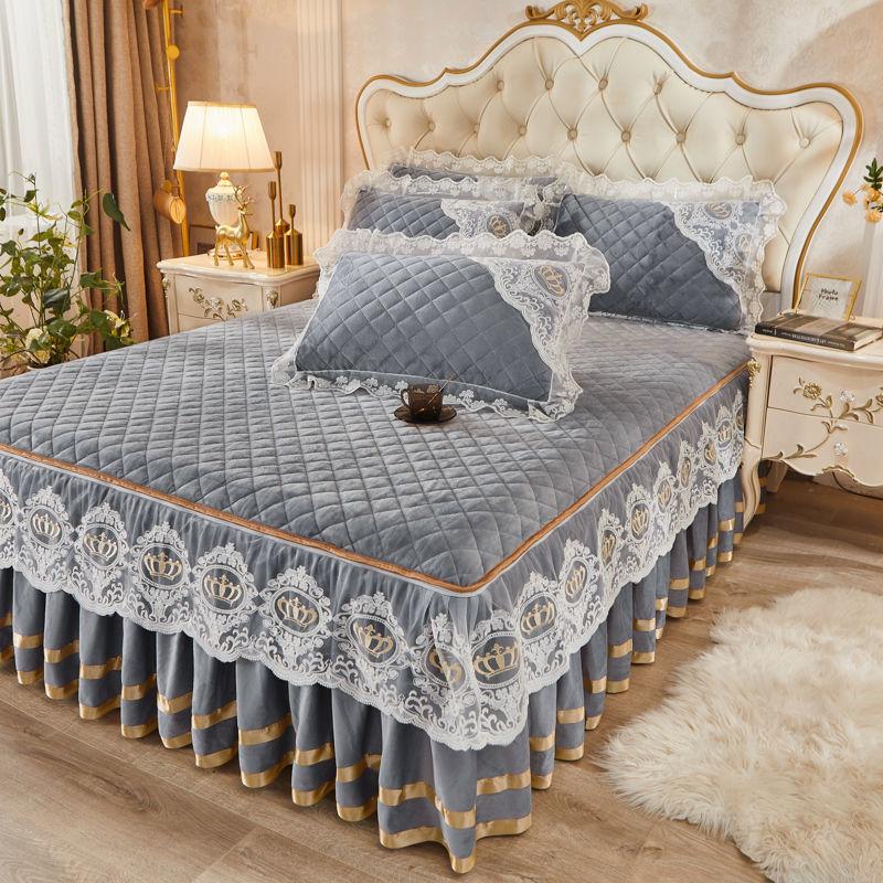 European Style Velvet Bed Skirt Quilt Cover Pillowcase 3pc Suit Thicken Autumn Winter Keep Warm Double Sided Short Plush Bedspread Quilt Cover