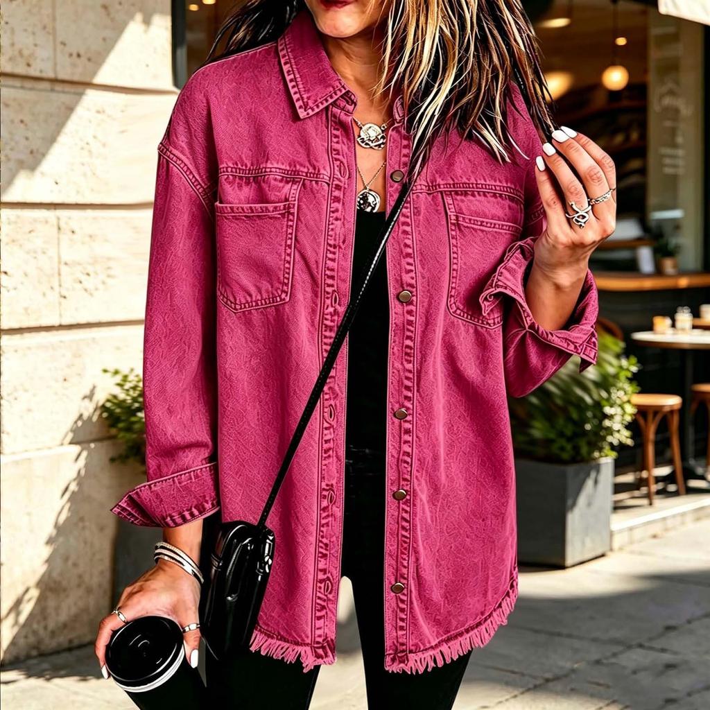 Women's Retro Denim Jacket Long Sleeve Button Up Lapel Collar Double Pocket Casual Coat