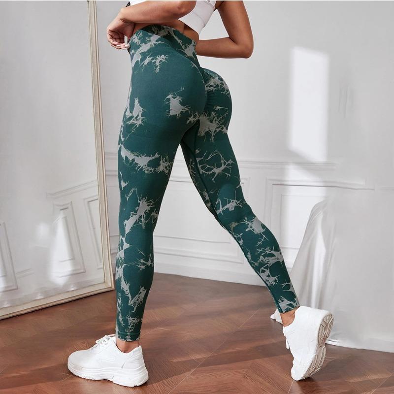 Seamless tie-dye yoga pants high-waisted elastic fitness pants quick-drying high-waisted nine-point peach hip sports leggings