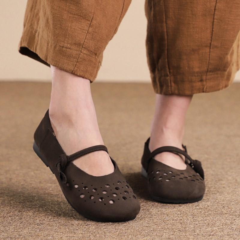 Johnature Retro duté prodyšné ploché boty Sandály z pravé kůže s měkkou podrážkou Všestranná dámská obuv