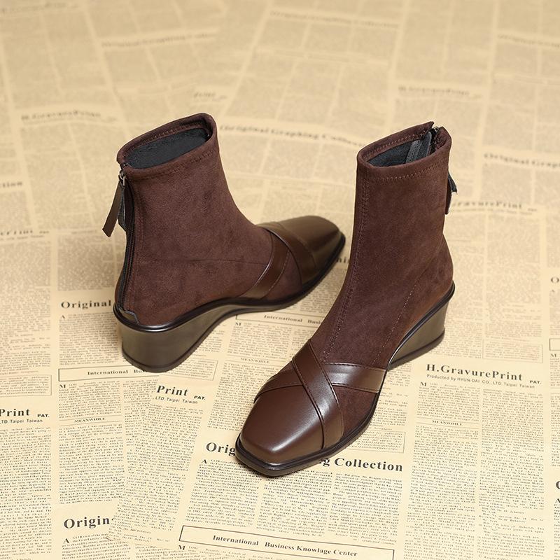 European and American square head suede cross-spell fashion boots for women's winter new temperament thin boots rear zipper short boots for women