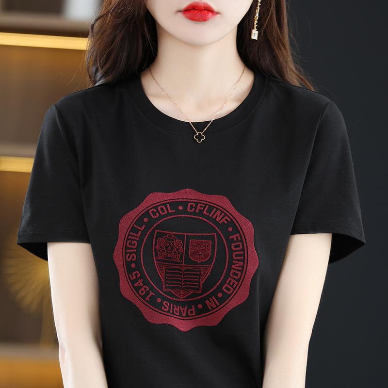New Summer Mercerized Cotton T-shirt for Women Round Neck Slim and Versatile Printed Cotton Thread Short-sleeved Slim Korean Top