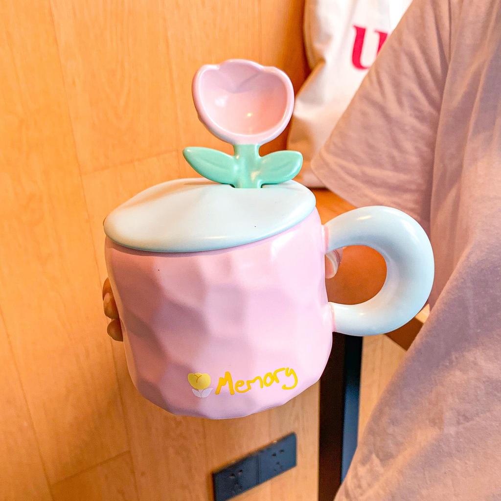 Tulpenbecher mit Deckel Löffel mit Hohem Aussehen und Niedlicher Heim Büro Mädchen Keramik Trinkbecher Souvenir