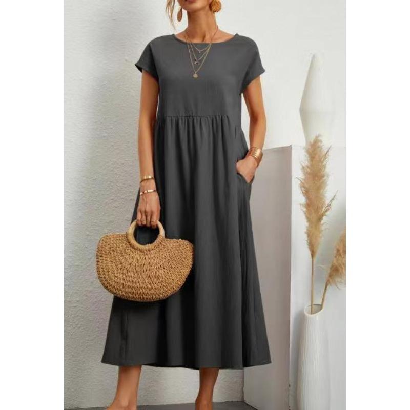 QICED Fashion Summer Spring Solid Color Print Short Sleeve O-Neck Casual Dresses