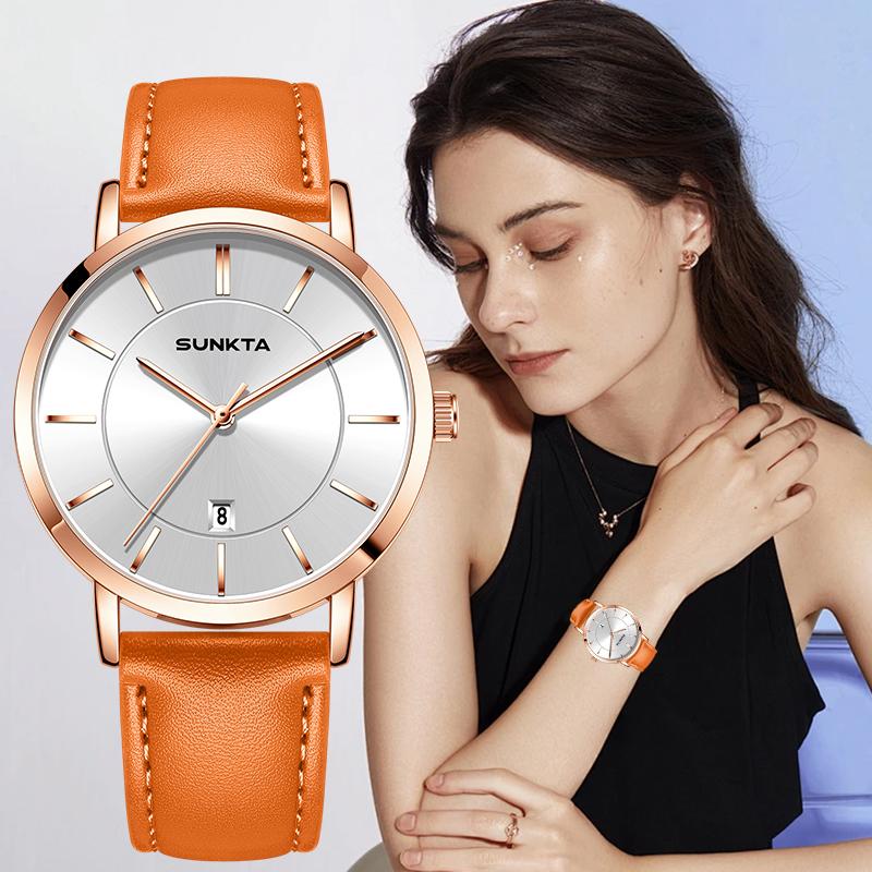 Sunkta New Fashion Elegant Watches for Women Outdoor Sports Ultra Thin Casual Leather Strap Breathable Quartz Ladies Watch Gifts