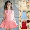 Vestido de Moda para Niña: Vestido de tirantes plisado dulce de verano para niños con cuello polo y lazo
