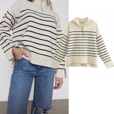 Sweaters Women Fashion Stripe Loose Zipper Knitting Sweaters Vintage Long Sleeve Female Pullover