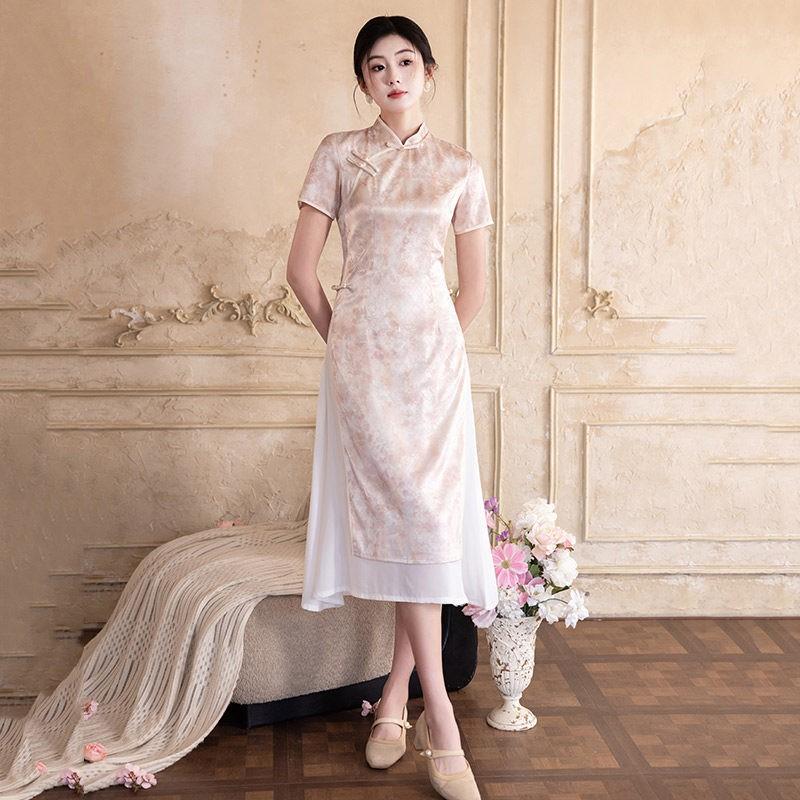Pink Modern Chinese-Inspired Qipao Dress Women 2026 Long Sleeveless Stand Collar Daily Wear Small