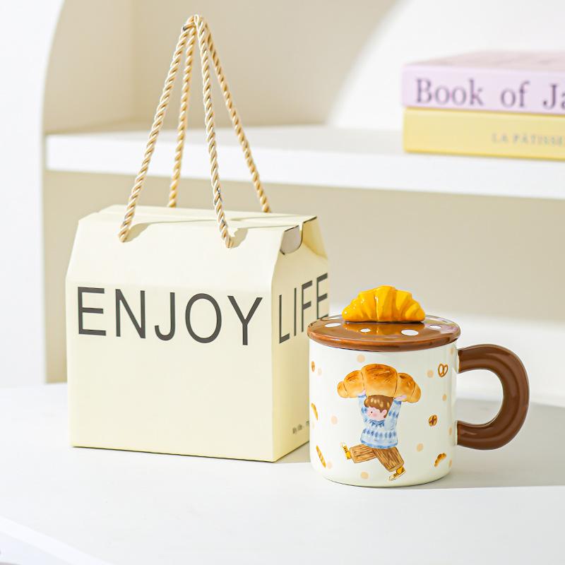 Dessert Bread Boy Girl Ceramic Mug Couple Cup Water Cup with Lid Cute Cup Underglaze Color for Girls