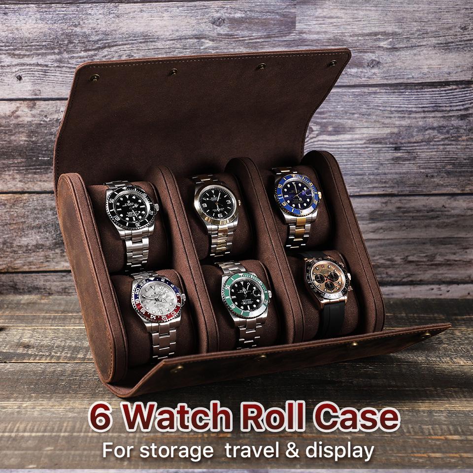 Handmade Vintage Crazy Horse Leather Watch Box with 6 Slots - Creative Travel Storage Box