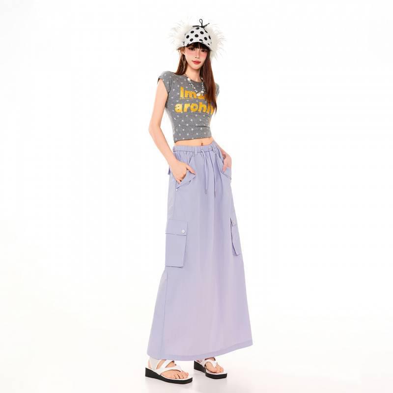 

American Casual Slit Cargo Midi Skirt | Elastic Waist, Drawstring, Drapey Spring/Summer Style Large