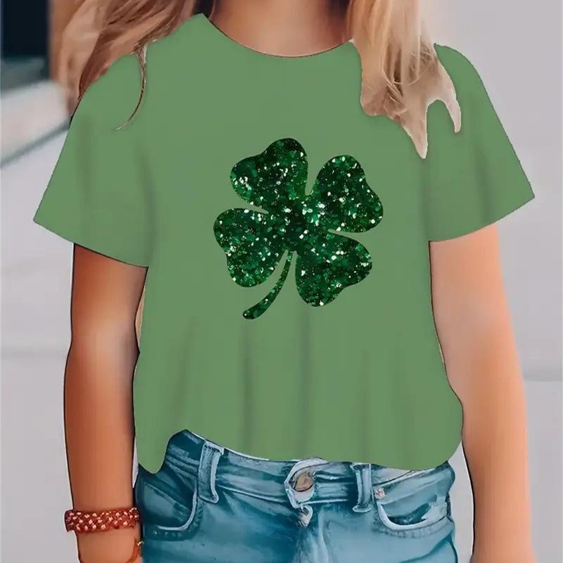 Kids T-shirt 3d Print New Minimalist 3D Printed Small Fresh Clover Pattern Girls' Round Neck Short Sleeved T-shirt