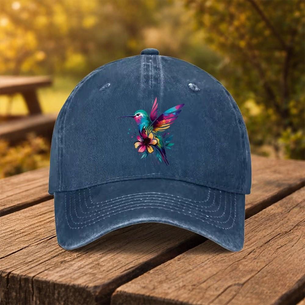 Hummingbird Floral Print Washed Denim Baseball Cap Adjustable Outdoor Casual Sports Hat