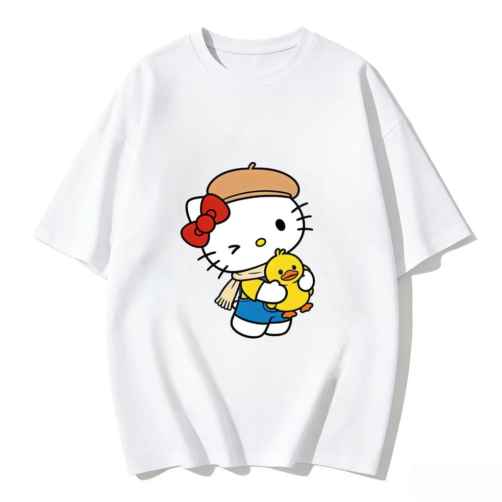 2026 New Summer HelloKitty Cute Graphic Tee Casual Short Sleeve Cotton Top for Women Girls Kawaii Cartoon Print Streetwear