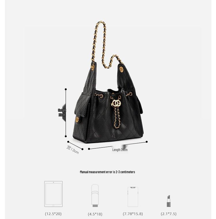 Caviar Hobo Drawstring Bucket Bag: Quilted Chain Shoulder Light Luxury Coco Style Suede