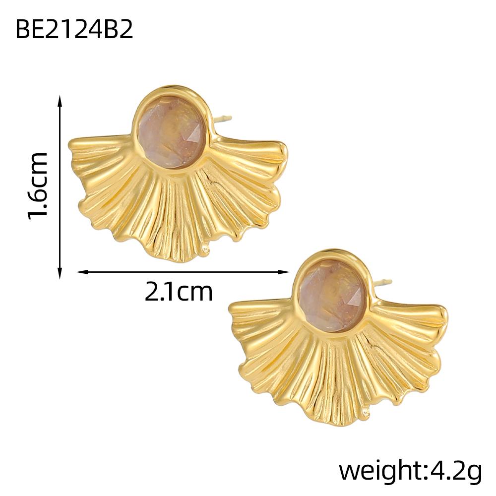 

CARLIDANA Gold Plated Leaves Shape Natural Crystal Stone Round Cabochon-set Stainless Steel Stud Earrings for Women Men