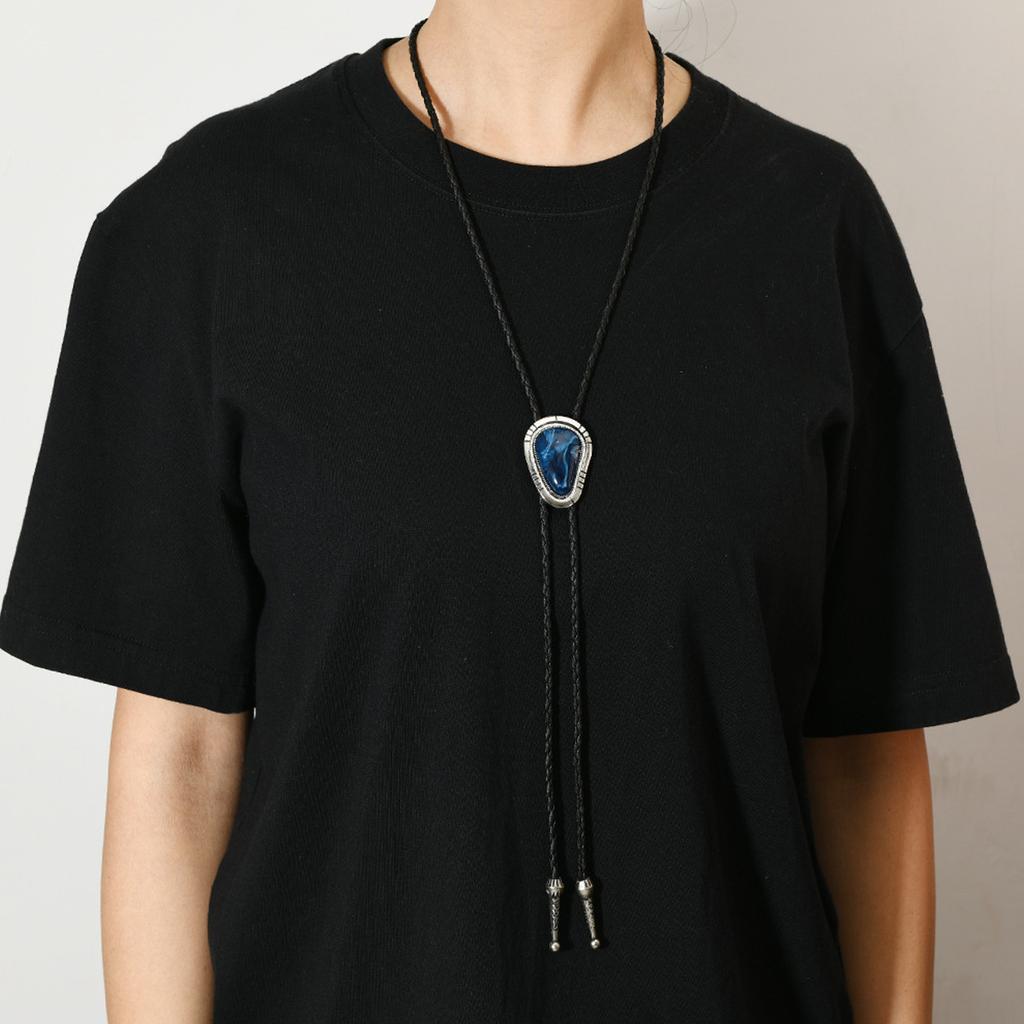 Men's Vintage Irregular Colored Stone Bolo Tie Cowboy Costume Accessory Western Faux Leather Cord Necktie Necklace Chain