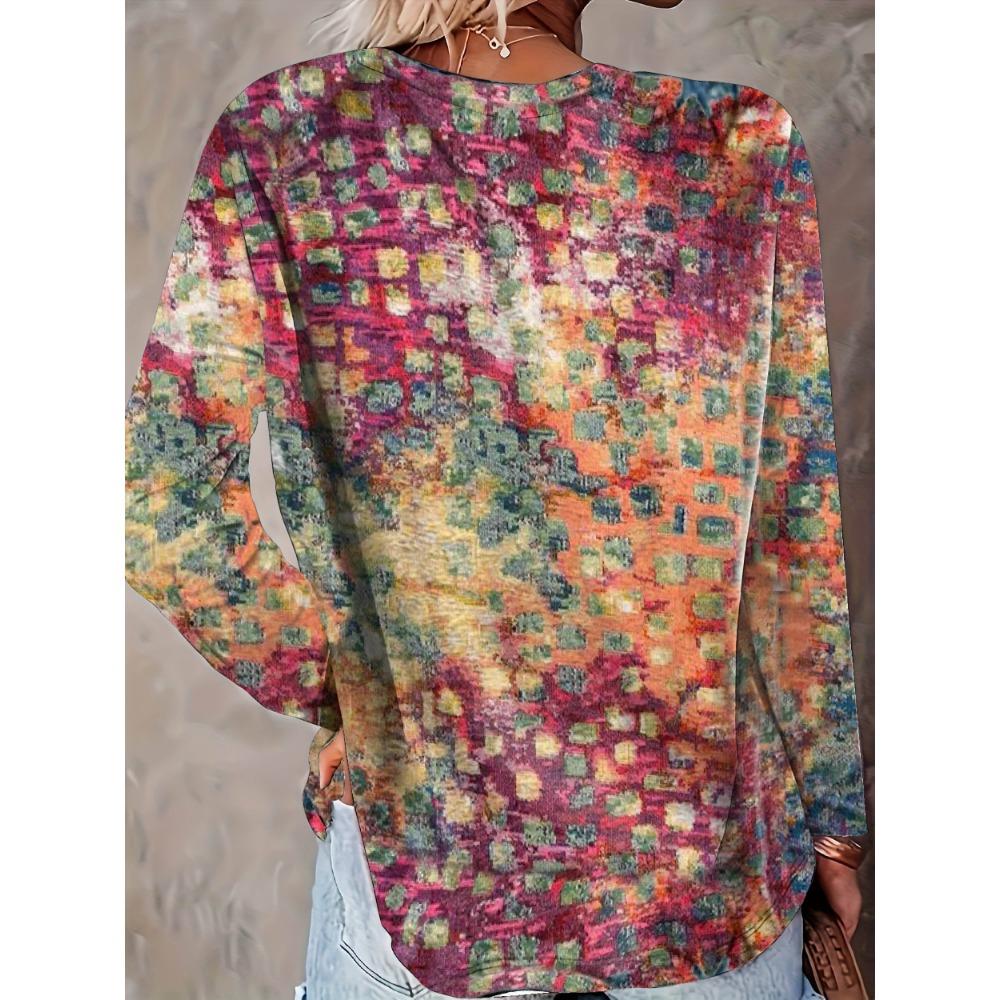 Women's Random Printed Long Sleeved Round Neck Slightly Elastic T-shirt