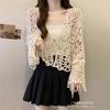 Cardigan tricoté à lacets ajourés motif fleur pour femme, nouveau haut court style bohème pour l'été, châle long à manches longues