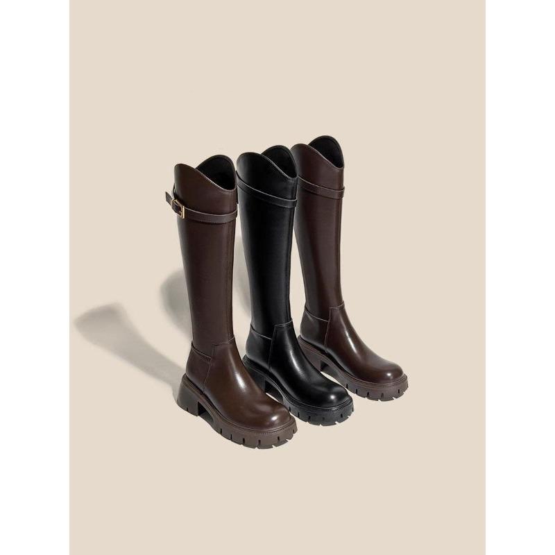 Women's Knee High Boots Fashion V-mouth Knight Booties Square Heels Belt Buckle High-heeled Winter Warm Short Plush Women Shoes