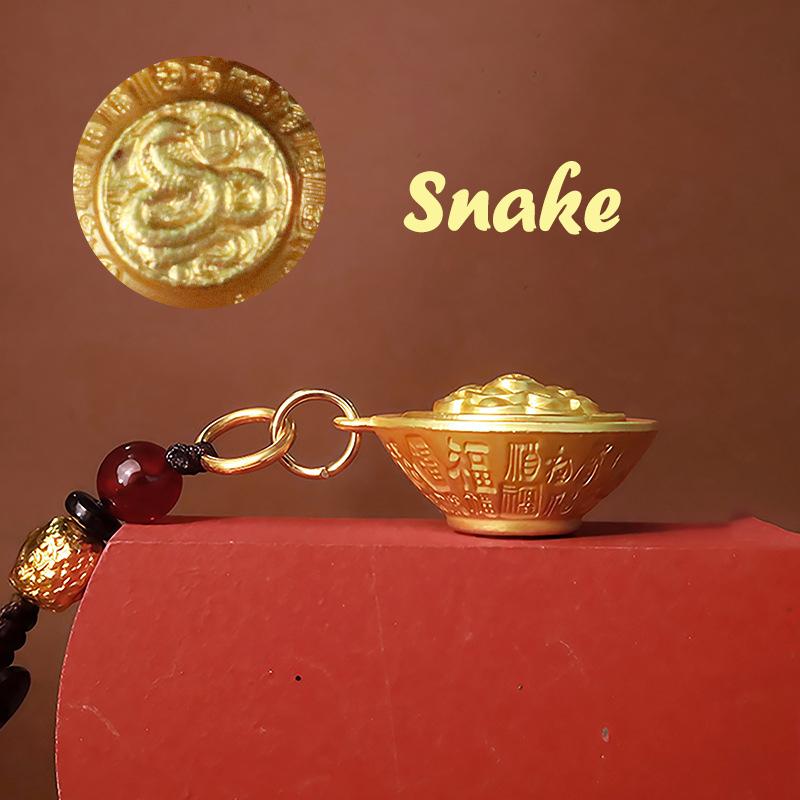 Zodiac Animal Golden Rice Bowl Keychain Fortune-Attracting Rotating Stress Relief Keyring Bag Hanging Decor New Year Luck Gift A6