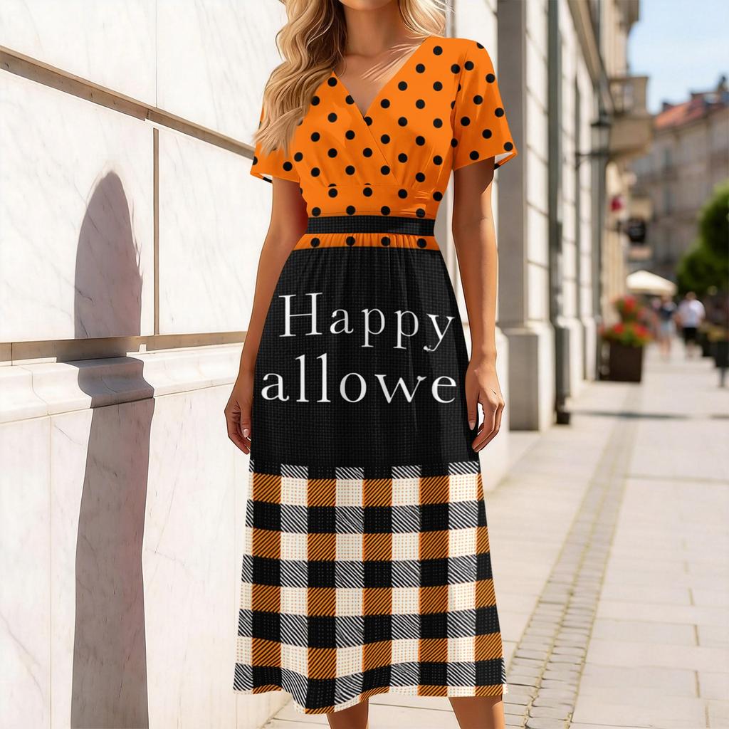 Women's Casual Halloween Print Dress V-Neck Short Sleeve for Party and Daily Wear