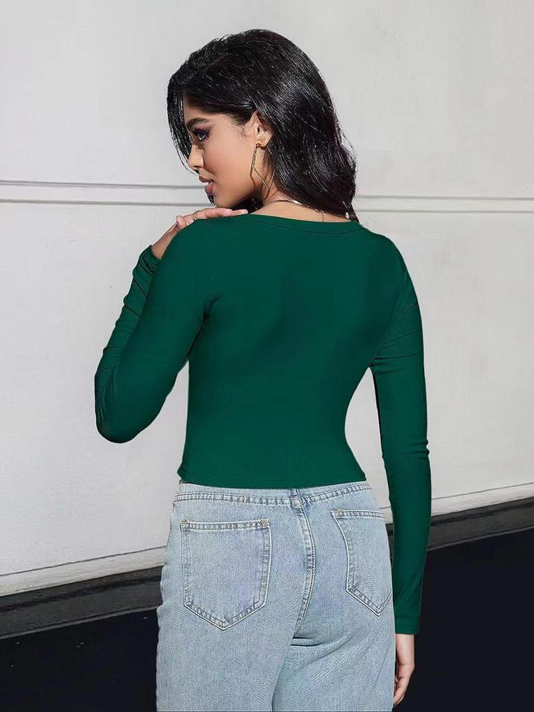 Νέο γυναικείο μπλουζάκι με μακρυμάνικο τετράγωνο λαιμό ευρωπαϊκή και αμερικανική λεπτή εφαρμογή 2024