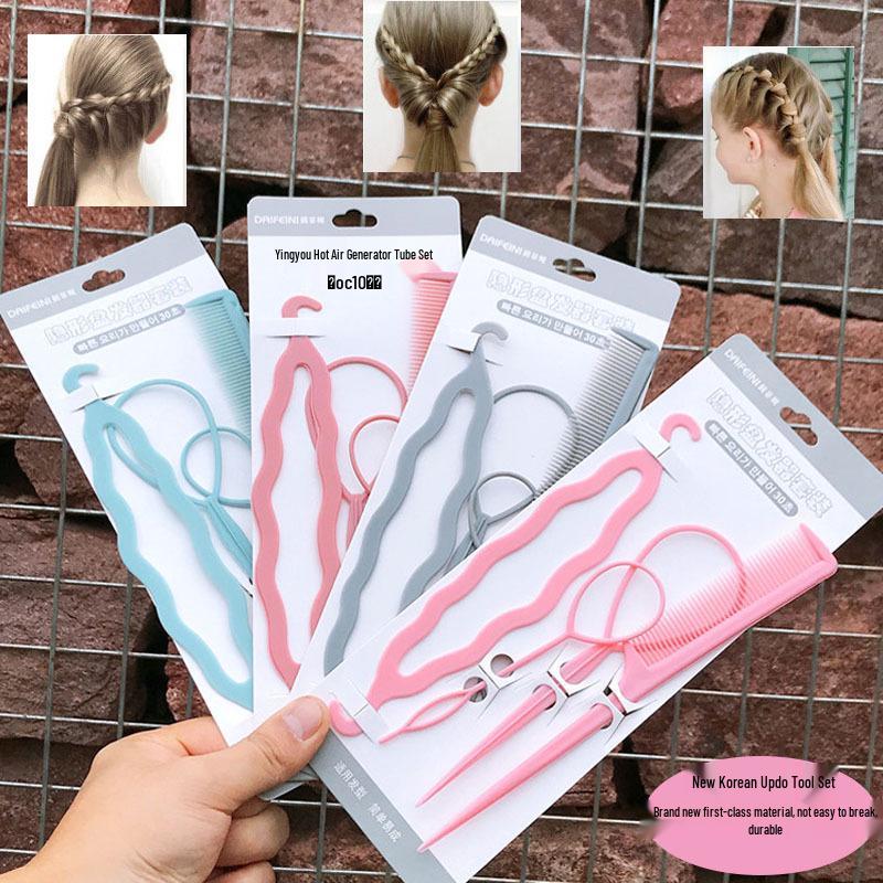 Korean Style Hair Styling Tool Set - 4-Piece Double Hook Pull Needle & Curly Hair Bands In Four Colors