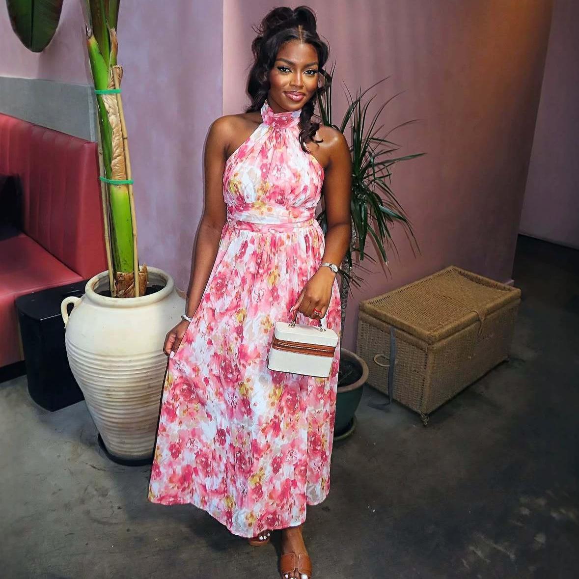 African new women s clothing sleeveless neck hanging fashion printed dress women s European and American foreign style slim vest long skirt summer S