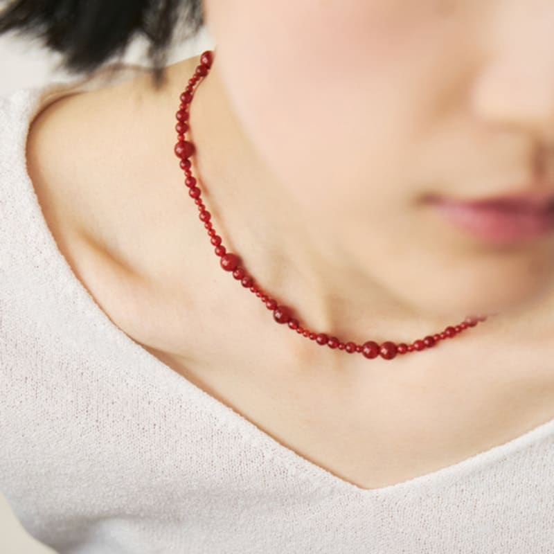 

KODO Mixed Bead Collar Necklace(Rust Red) Matt Silver