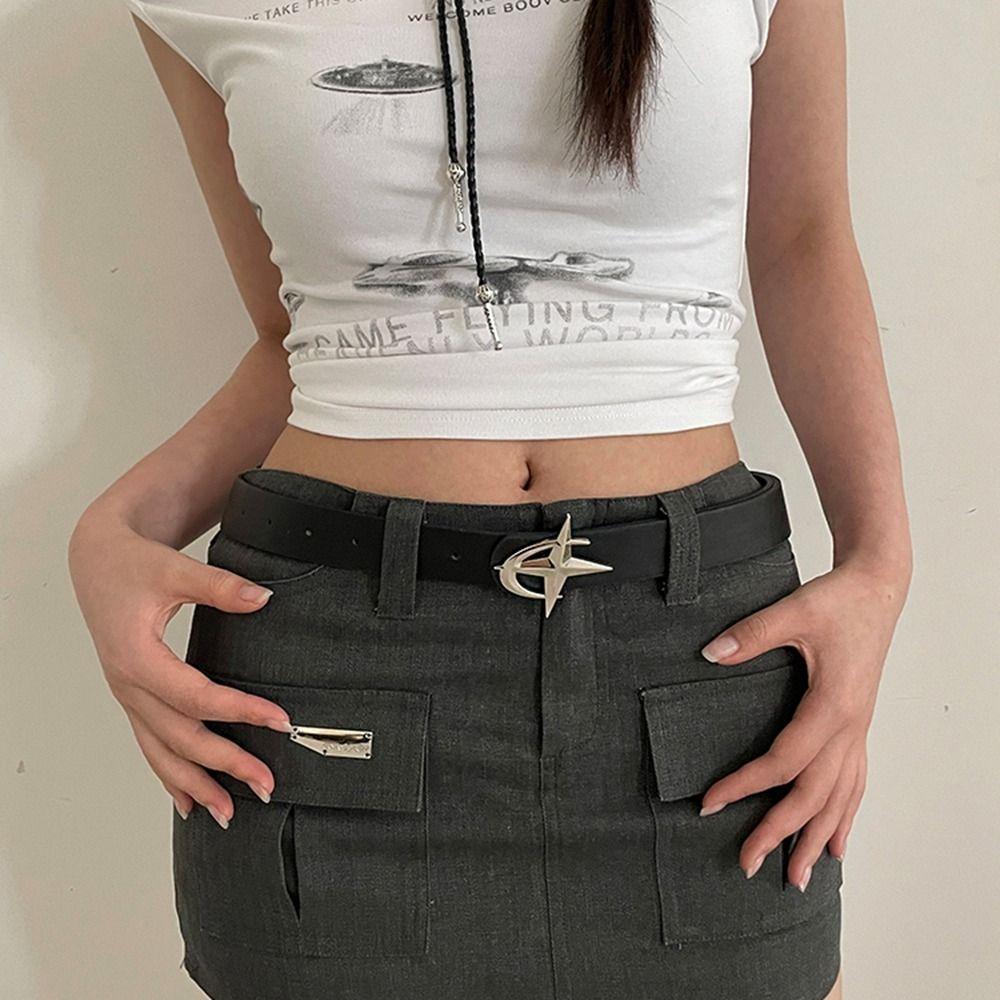 Metal Cross Star Buckle Belts Zinc Zinc Alloy Waistband Fashion Leather Belt  Women